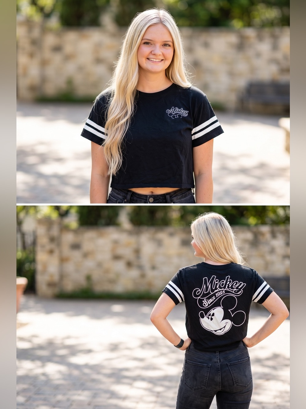 Disney Mickey Mouse Cropped Varsity T-Shirt Black Striped Sleeves Size L